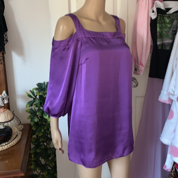 Purple cold shoulder silky draped tunic babydoll top S M - Picture 5 of 8